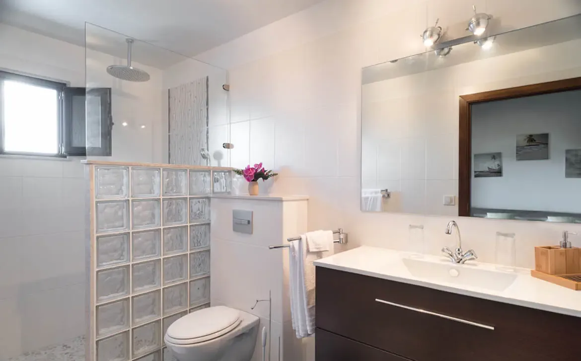A dark wood floating vanity with a white sink sits below a frameless mirror, where translucent glass blocks and a rainfall showerhead create a bright, modern bathroom.