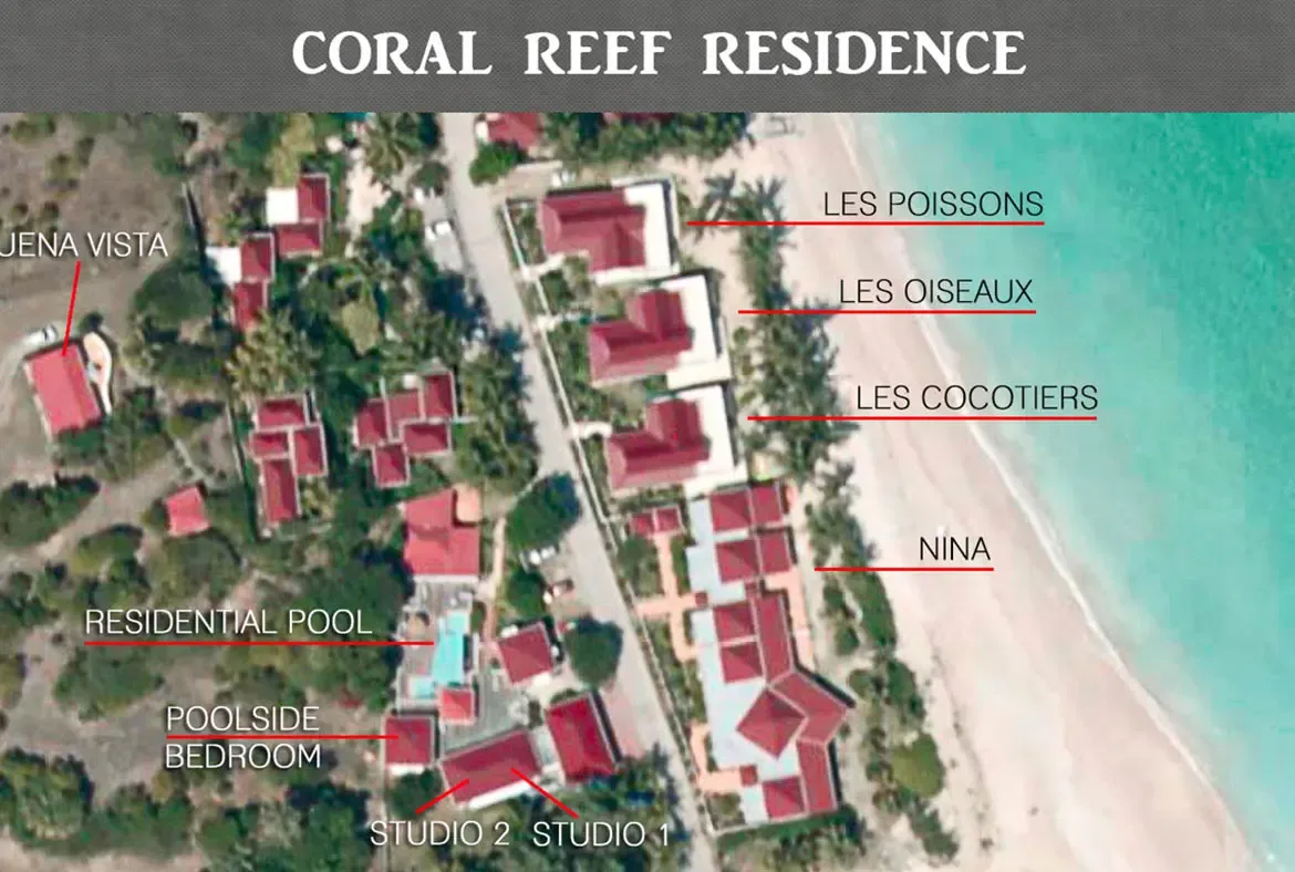 An aerial site map shows the Coral Reef Residence compound with beachfront units including Les Oiseaux, a central residential pool, and studios set among tropical greenery beside turquoise water.