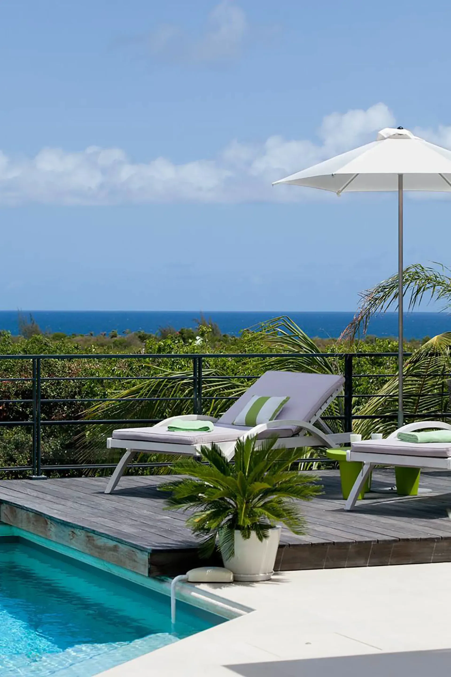 Elevated deck with loungers and endless ocean views.